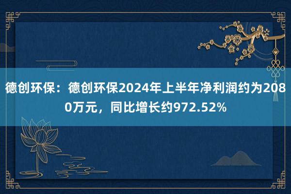 德创环保：德创环保2024年上半年净利润约为2080万元，同比增长约972.52%